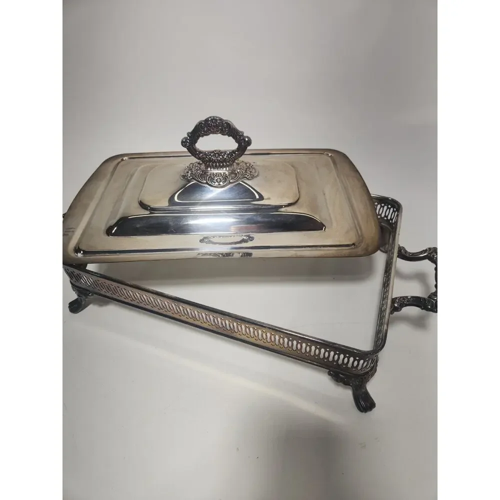Vintage Silver Plated Rectangular Covered Serving Dish Footed Buffet Casserole
